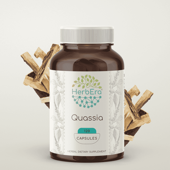 HerbEra Quassia Capsules, Herbal Dietary Supplement for Digestive Support, Quassia (Quassia amara) Dried Bark Capsules, Natural, 120 Capsules