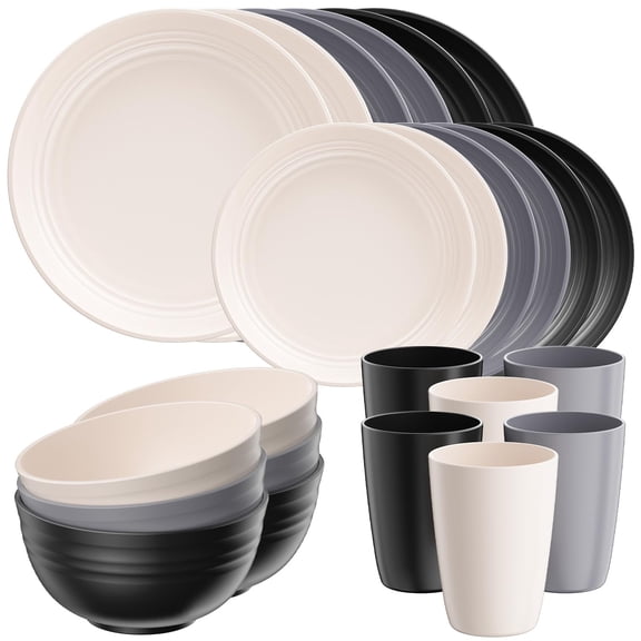 Quatish 24 Pcs Plates and Bowls Sets, Plastic Dinnerware Sets for 6 ,Grey | Unbreakable,Reusable,Dish Set for Camping,Dishwasher Microwave Safe,Outdoor Kitchen and Apartment Dinning RV Essentials
