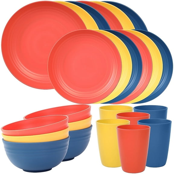 Quatish 24 Piece Plates and Bowls Sets for 6, Unbreakable Dinnerware Sets, Plastic Dish Set for Camping, Dishwasher Microwave Safe, Outdoor Kitchen and Apartment Dinning RV Essentials, Multi