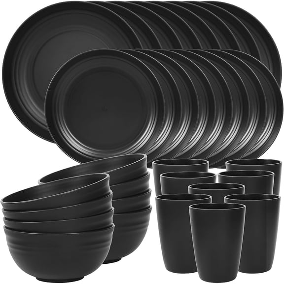 Quatish 32 Piece Plates and Bowls Sets for 8, Unbreakable Dinnerware Sets, Plastic Dish Set for Camping, Dishwasher Microwave Safe, Outdoor Kitchen and Apartment Dinning RV Essentials, Black