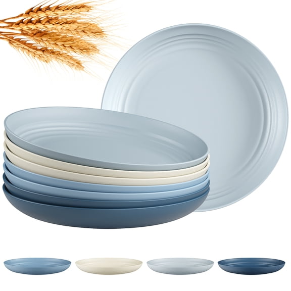 Quatish 8 PCS Unbreakable Reusable Plastic Plates,8 inch Dishwasher & Microwave Safe Dinner Plate, Easy-to-Clean Lightweight,Portable for Kitchen & Picnics Wheat Straw Plates( Blue)