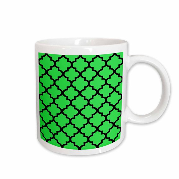 3drose, Quatrefoil Arabesque Pattern in Black on Green Background, 15oz Mug