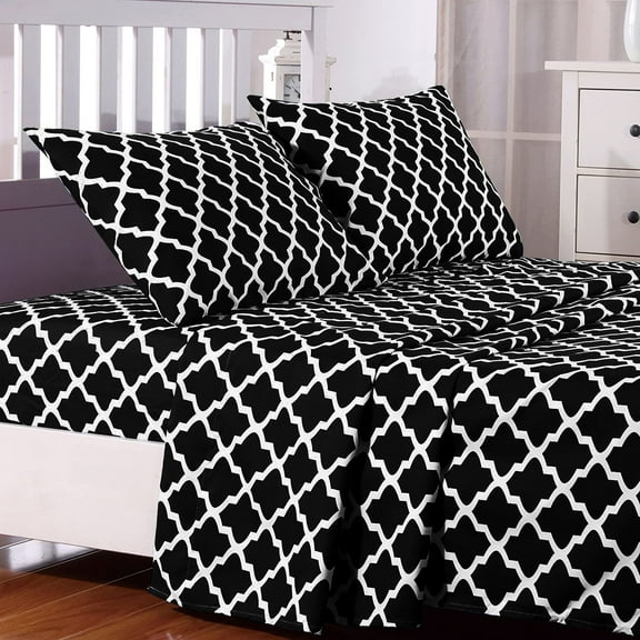 Quatrefoil Bed Sheet Set (Twin, Black) Deep Pocket -Microfiber Bed Sheet Set-Wrinkle and Stain Resistance (1 Fitted Bed Sheet,1 Flat Sheet,1 Pillow Case) Lux Decor Collection