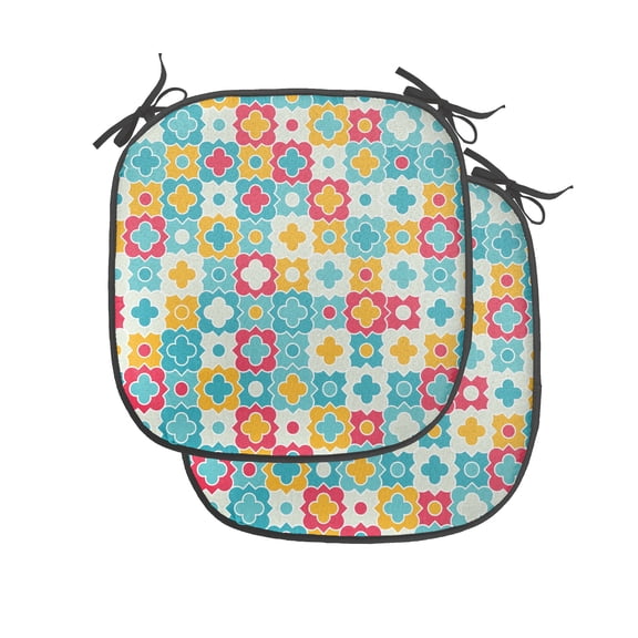 Quatrefoil Chair Seating Cushion Set of 2, Clover Leaves Barb Style Clover Lattice Boho Colorful Themed, Seat Pads for Office with Anti-slip Backing, 16"x16", Red Turquoise Yellow, by Ambesonne