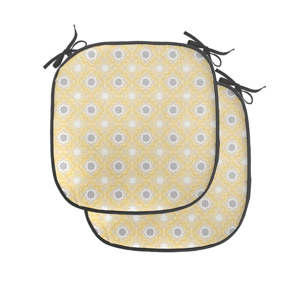 Quatrefoil Chair Seating Cushion Set of 2, Far Eastern Style Girih Tiles Pattern in Clover Moroccan Star Print, Seat Pads for Office with Anti-slip Backing, 16"x16", Yellow White, by Ambesonne