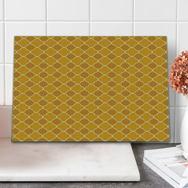 Quatrefoil Cutting Board, Clover Shape Girih Pattern Eastern Trellis Tradition Floral Oriental, Decorative Tempered Glass Cutting and Serving Board, Large Size, Brown Yellow, by Ambesonne