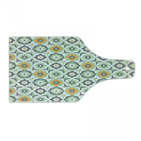 Quatrefoil Cutting Board, Lotus Floral Shapes Moroccan Tile Pattern Eastern Inspired Retro Print, Decorative Tempered Glass Cutting and Serving Board, Wine Bottle Shape, Green White, by Ambesonne