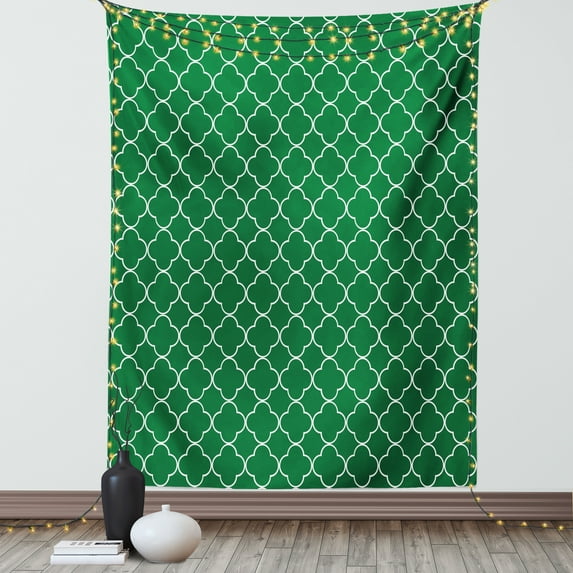 Quatrefoil Decor Tapestry, Four Leaf Clover on Moroccan Trellis Mosaic Digital Print House Cafe Decor, Wall Hanging for Bedroom Living Room Dorm Decor, 60W X 80L Inches, Green, by Ambesonne