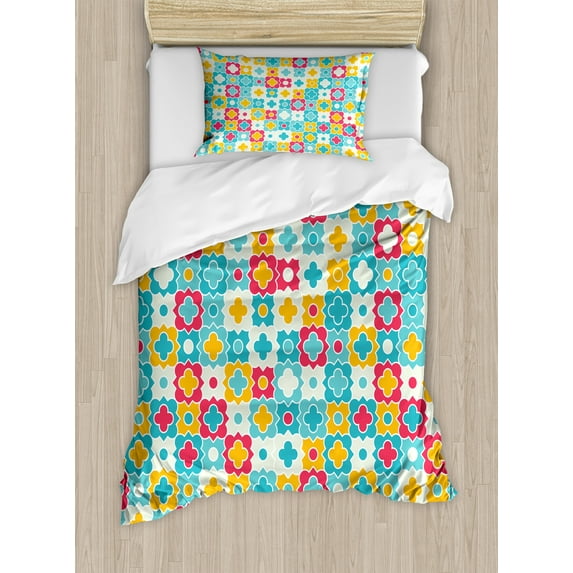 Quatrefoil Duvet Cover Set, Clover Leaves Barb Style Clover Lattice Boho Colorful Themed, Decorative 2 Piece Bedding Set with 1 Pillow Shams, Twin Size, Red Turquoise Yellow, by Ambesonne