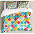 thumbnail image 1 of Quatrefoil Duvet Cover Set, Colorful Petal Clover Leaves Pattern Bohemian Casual Theme, Decorative 3 Piece Bedding Set with 2 Pillow Shams, Calking Size, Red Turquoise Yellow, by Ambesonne, 1 of 3
