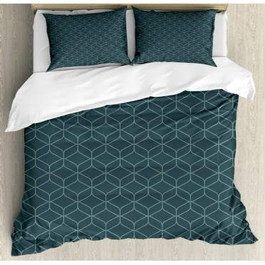 Quatrefoil Duvet Cover Set, Moroccan Style Shapes Hexagonal Triangle Lines Art, Decorative 3 Piece Bedding Set with 2 Pillow Shams, Queen Size, Slate Blue and Pale Blue, by Ambesonne