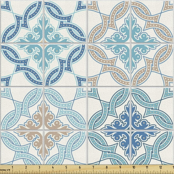 Ambesonne Quatrefoil Fabric by the Yard Upholstery, Tangled Modern Tile, 5 Yards, Blue Tan White
