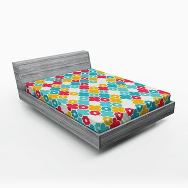 Ambesonne Boho Fitted Sheet, Theme Colorful Petal, Full Size, Red Turquoise Yellow