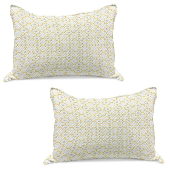 Quatrefoil Knitted Quilt Pillowcover Set of 2, Moroccan Style Lattice Pattern Dots in Daisy Diamond Petals 4 Leaf Clover, Standard Queen Pillow Sham Bedroom, 30" x 20", Mustard Pale Grey, by Ambesonne