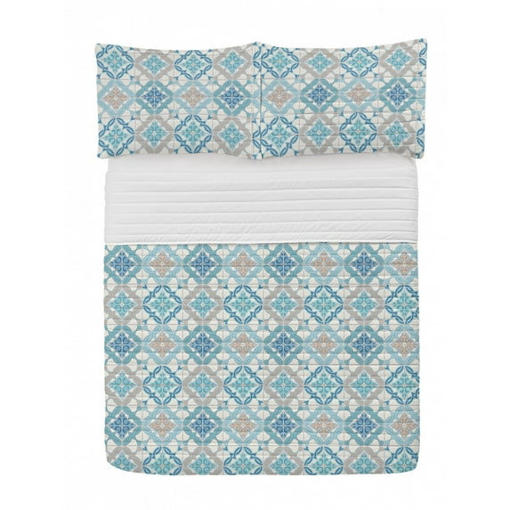 Quatrefoil Microfiber Bedspread Set, Tangled Modern Lisbon Pattern Based on Traditional Oriental Tiles, Soft Bedding Set with Pillow Shams & Comforter, 3 Sizes, Blue Tan White, by Ambesonne