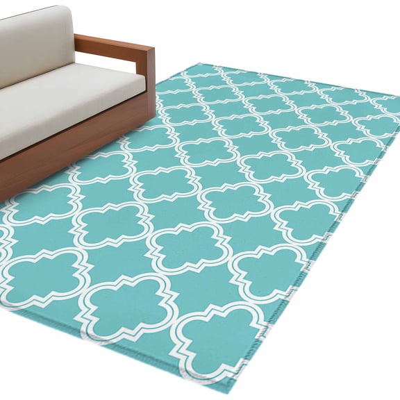 Quatrefoil Moroccan Pattern 3'x5' Washable Rug, Geometric Aqua Morocco Non-Slip Area Rugs for Entryway Kitchen Classroom, Dorm Throw Carpet, Low Pile Soft Indoor Floor Mat