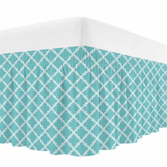 Quatrefoil Moroccan Pattern Bed Skirt Cal King Size,Geometric Aqua Morocco Wrap Around Bed Skirting with Adjustable Elastic Strap,Dust Ruffled Pleated Bedskirts 18 Inch Drop for Bedroom Cal King Beds