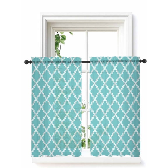 Quatrefoil Moroccan Pattern Curtains 54 Inch Length, Sheer Curtains for Bedroom Living Room Window Geometric Aqua Morocco Rod Pocket Voile Drapes Kitchen Curtains Small Half Window 42"x54" 2 Panels