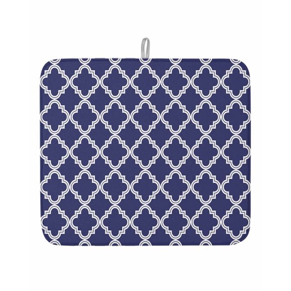 Quatrefoil Moroccan Pattern Dish Drying Mat for Kitchen Counter,Geometric Blue Morocco Dish Mat Drying Kitchen Mat for Sink Fridge Drawer Absorbent Dishes Drainer Mats Drying Pad 1pcs 16"x18"