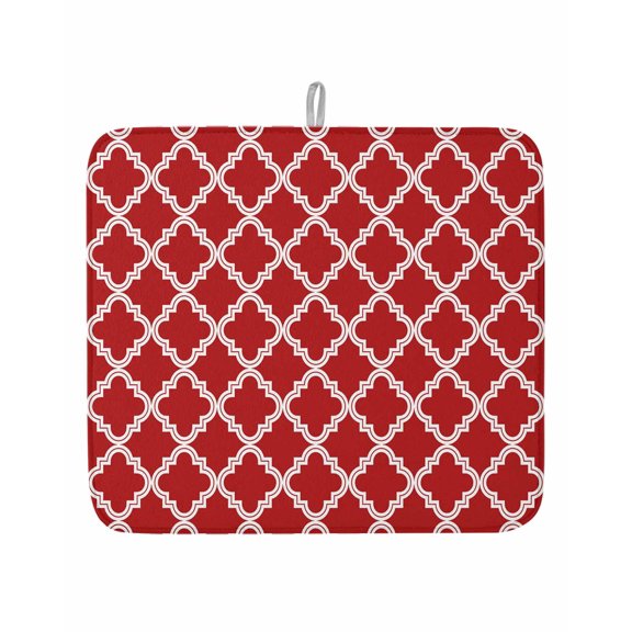 Quatrefoil Moroccan Pattern Dish Drying Mat for Kitchen Counter,Geometric Red Backdrop Dish Mat Drying Kitchen Mat for Sink Fridge Drawer Absorbent Dishes Drainer Mats Drying Pad 1pcs 16"x18"