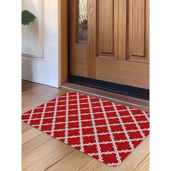 Quatrefoil Moroccan Pattern Door Mat Indoor Outdoor Entrance, Non Slip Small Rug for Kitchen Bathroom Entryway Rug, Geometric Red Backdrop Washable Doormat Floor Mat 16x24 Inch