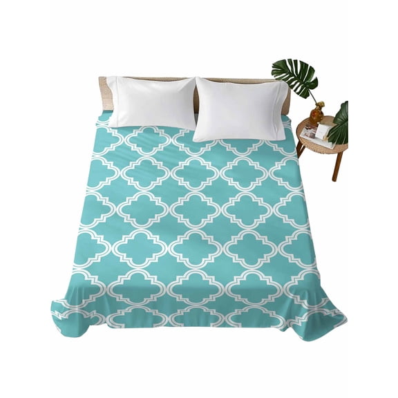 Quatrefoil Moroccan Pattern Flat Sheets Only King Size, Soft Breathable Bed Top Sheets for Mattress, Geometric Aqua Morocco Luxury Bedding Flat Sheets for Home Hotel Bedroom Bed Protection