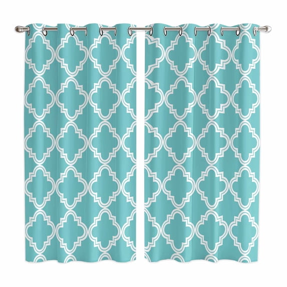 Quatrefoil Moroccan Pattern Kitchen Curtains 84 Inch Length, Geometric Aqua Morocco Grommet Top Bedroom Living Room Curtains, Light Filtering Cafe Curtain Drapes 2 Panels Set 104''x84''