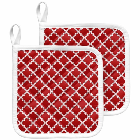 Quatrefoil Moroccan Pattern Pot Holders for Kitchen Heatproof Potholder, 2 Pack Geometric Red Backdrop Hot Pads Multipurpose Oven Pads Cloth Potholders Trivet for Cooking and Baking