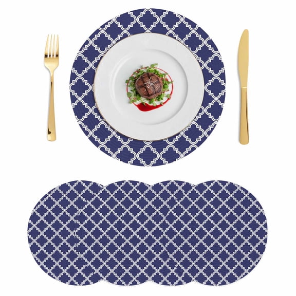 Quatrefoil Moroccan Pattern Round 15 Inch Placemats Set of 4, Geometric Blue Morocco HeatResistant Non Slip Place Mats for Dining Table, Wipeable Braided Kitchen Table Mats for Housewarming