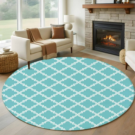 Quatrefoil Moroccan Pattern Round Area Rug 7 FT, Non Slip Living Room Area Carpet, Geometric Aqua Morocco Washable Soft Circular Rug Non-Shedding Floor Carpet for Bedside Office Play Room Classroom
