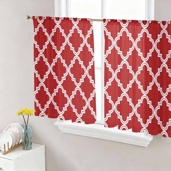 Quatrefoil Moroccan Pattern Semi Sheer Curtains 45 Inch Length 2 Panels Set, Geometric Red Backdrop Sheer Kitchen Curtain Privacy Voile Window Curtain for Living Room Bedroom Rod Pocket Drapes