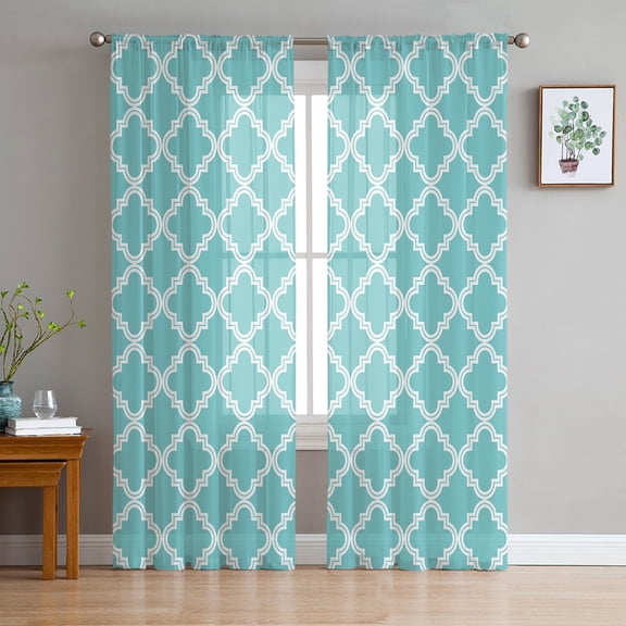 Quatrefoil Moroccan Pattern Semi Sheer Curtains 96 Inch Length 2 Panels Set, Geometric Aqua Morocco Sheer Kitchen Curtain Privacy Voile Window Curtain for Living Room Bedroom Rod Pocket Drapes