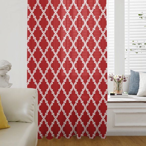 Quatrefoil Moroccan Pattern Semi Sheer Curtains Drapes for Living Room, Bedroom, French Doors Window 45 Inches Long, Geometric Red Backdrop Rod Pocket Chiffon Curtain Drapery Voile Draperies Panel
