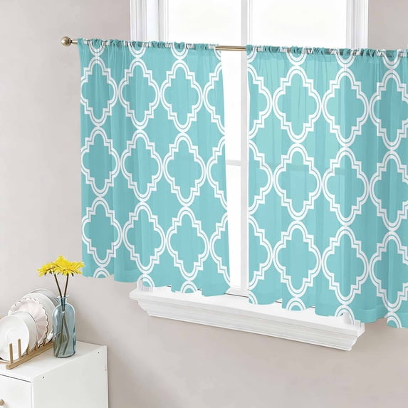 Quatrefoil Moroccan Pattern Semi Sheer Window Curtains 54 Inches Long, Geometric Aqua Morocco Rod Pocket Voile Silky Chiffon Curtain Light Filtering Drapes for Living Room, Kitchen, 52"x54", 2 Panels