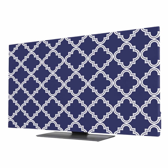 Quatrefoil Moroccan Pattern TV Cover for 24 Inch Screen, Stretch Fabric Dustproof TV Display Protector, Geometric Blue Morocco Elastic Slipcover Monitor Cover for Indoor Desktop Computer 20.9"x11.8"