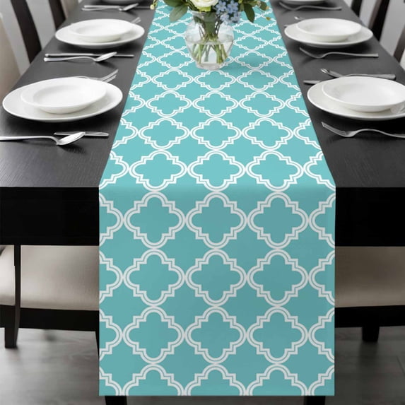 Quatrefoil Moroccan Pattern Table Runner 108 Inches Long, Geometric Aqua Morocco Kitchen Coffee Dining Table Decoration for Home Party Birthday Wedding Home Decor 13x108 Inches