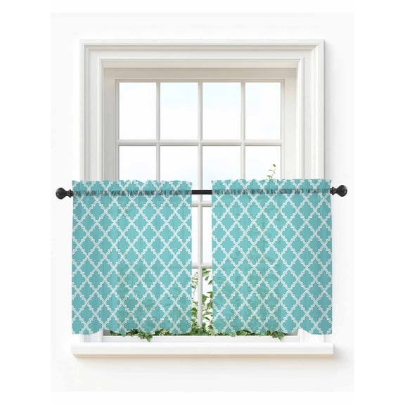 Quatrefoil Moroccan Pattern Tier Curtains 24 Inch Length,Sheer Curtains for Bedroom Living Room Window Geometric Aqua Morocco Rod Pocket Drapes Kitchen Curtains Small Half Window 27.5"x24" 2 Panels