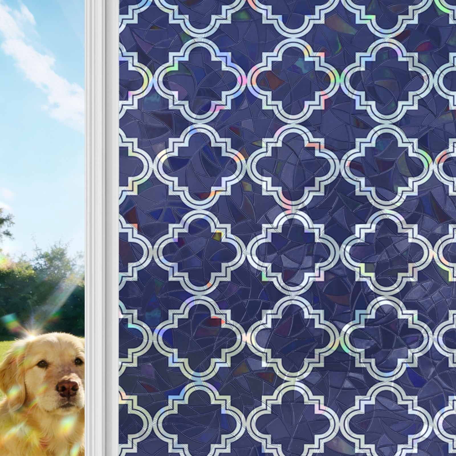 Quatrefoil Moroccan Pattern Window Privacy Film Stain Glass,Reusable Decorative Rainbow Window Film,Geometric Blue Morocco Static Cling Sun Blocking Stickers Decals Covers 17.7" x 78.7" (2pcs)