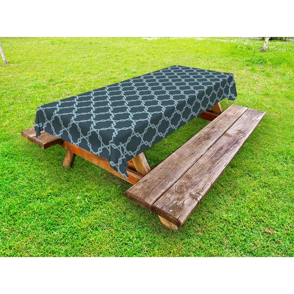 Quatrefoil Outdoor Tablecloth, Moroccan Style Oriental Pattern Ancient Antique Tiling Design, Decorative Washable Fabric Picnic Tablecloth, 58 X 104 Inches, Slate Blue and Pale Blue, by Ambesonne