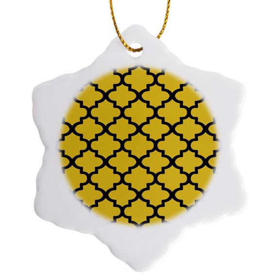 3drose, Quatrefoil Pattern in Black Outline on Honey Yellow, 3 inch Snowflake Porcelain Ornament