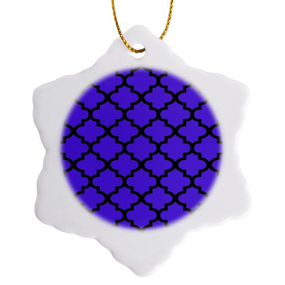 3drose, Quatrefoil Pattern in Black Outline on Purple, 3 inch Snowflake Porcelain Ornament