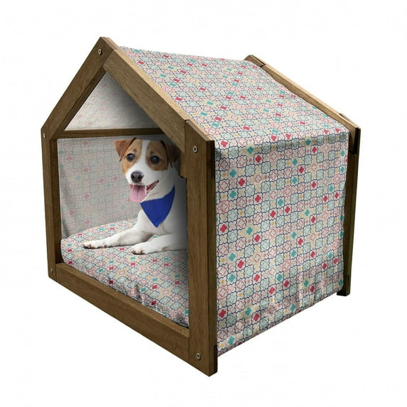 Quatrefoil Pet House, Traditional Tile Pattern Clovers Lattice Oriental Art Print, Outdoor & Indoor Portable Dog Kennel with Pillow and Cover, 5 Sizes, Blue Green, by Ambesonne