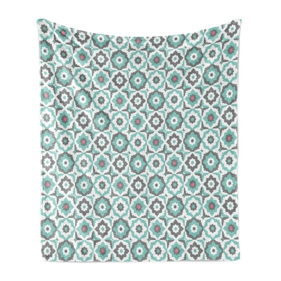 Quatrefoil Soft Flannel Fleece Blanket, Old Fashioned Style Mosaic with Simple Pastel Daisies Spanish Flowers, Cozy Plush for Indoor and Outdoor Use, 70" x 90", Turquoise Grey White, by Ambesonne