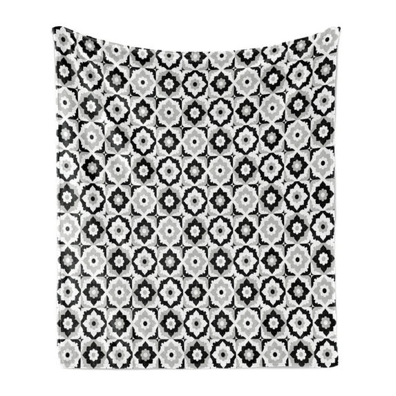 Quatrefoil Soft Flannel Fleece Throw Blanket, Black and White Ceramic Tile Design with Floral Ornaments Retro Daisies, Cozy Plush for Indoor and Outdoor Use, 70" x 90", Black Grey White, by Ambesonne
