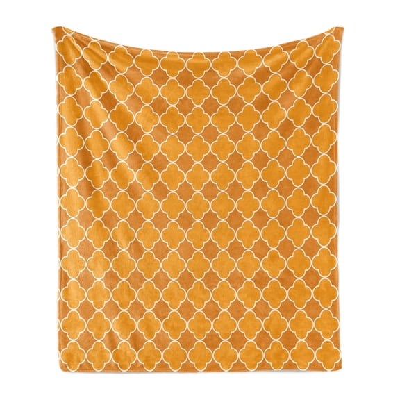 Quatrefoil Soft Flannel Fleece Throw Blanket, Clover Shape Girih Pattern Eastern Trellis Tradition Floral Oriental, Cozy Plush for Indoor and Outdoor Use, 50" x 70", Brown Yellow, by Ambesonne