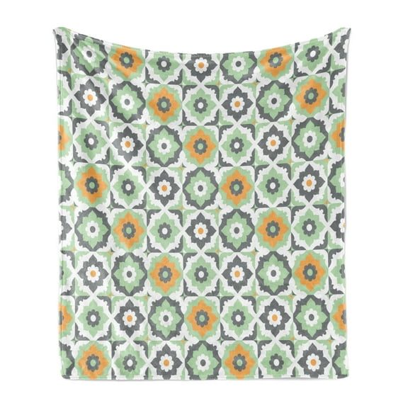 Quatrefoil Soft Flannel Fleece Throw Blanket, Lotus Floral Shapes Moroccan Tile Pattern Eastern Inspired Retro Print, Cozy Plush for Indoor and Outdoor Use, 50" x 60", Green White, by Ambesonne