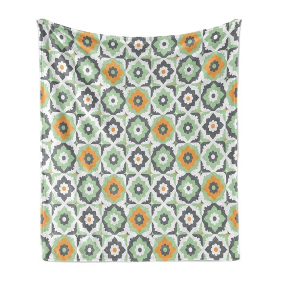 Quatrefoil Soft Flannel Fleece Throw Blanket, Lotus Floral Shapes Moroccan Tile Pattern Eastern Inspired Retro Print, Cozy Plush for Indoor and Outdoor Use, 60" x 80", Green White, by Ambesonne