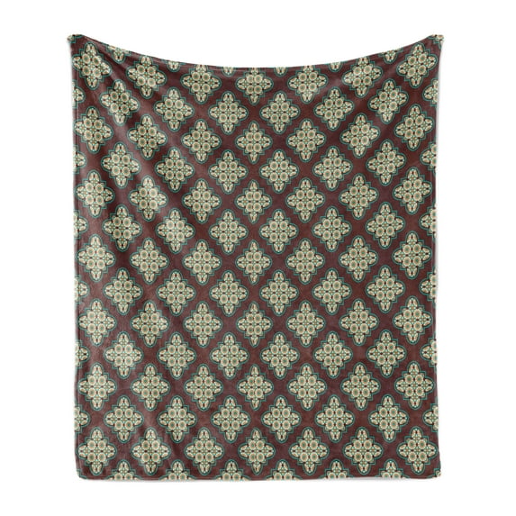 Quatrefoil Soft Flannel Fleece Throw Blanket, Vintage Style Tile Antique Design and Moroccan Stars, Cozy Plush for Indoor and Outdoor Use, 70" x 90", Pale Brown Turquoise, by Ambesonne