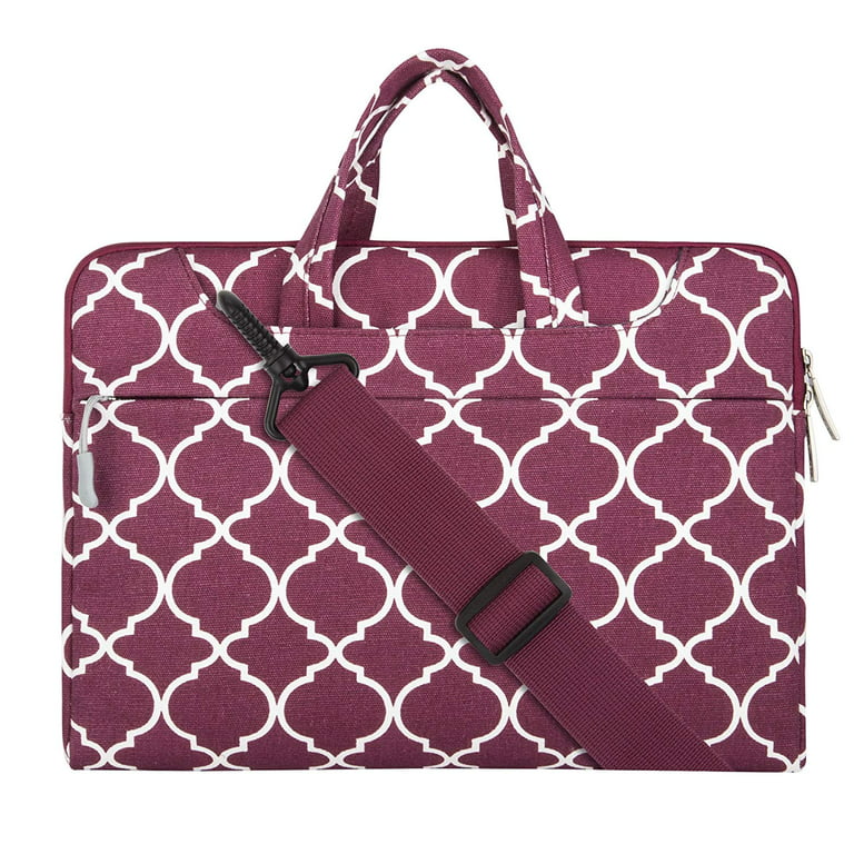 Quatrefoil Style Canvas Fabric Laptop Sleeve Case Cover Bag with Shoulder  Strap for 13-13.3 Inch MacBook Pro, MacBook Air, Notebook Computer, Wine Red