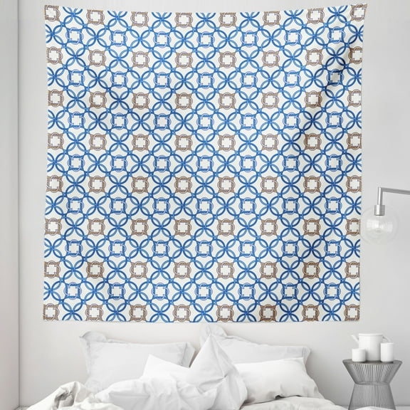 Quatrefoil Tapestry, Delft Blue Inspired Pattern Intricate Old Dutch Tile Motifs, Fabric Wall Hanging Decor for Bedroom Living Room Dorm, 5 Sizes, Pale Brown Blue White, by Ambesonne